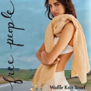 FREE PEOPLE Long Weekend Raw Hem Oversized Waffle Knit Scarf in Camel NWT